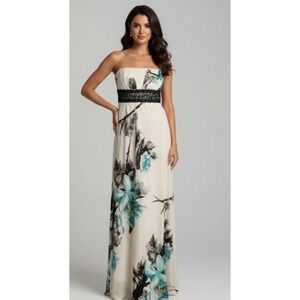 Xtraordinary Long Floral Maxi Formal Strapless Beaded Waistline Dress SZ 7